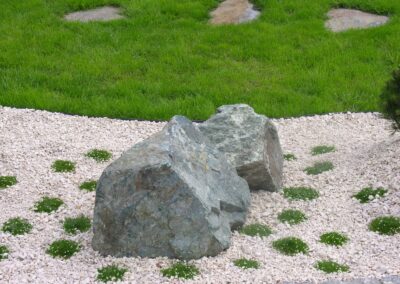 kacik japoński w ogrodzie z kamieni żwiru i roślin