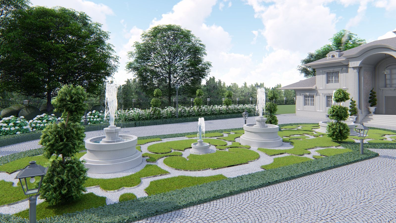 fontanny w ogrodzie przy rezydencji